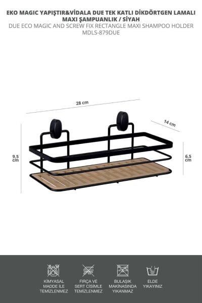 Okyanus Home Eko Magic Yapıştır&Vidala Due Tek Katlı Dikdörtgen Lamalı Maxi Şampuanlık  13 X 30 cm / Siyah