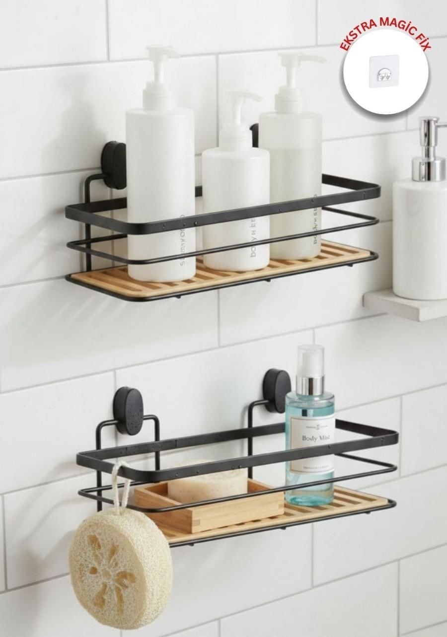 Okyanus Home Eko Magic Yapıştır&Vidala Due  2 ADET  Tek Katlı Dikdörtgen Lamalı Maxi Şampuanlık  13 X 30 cm / Siyah