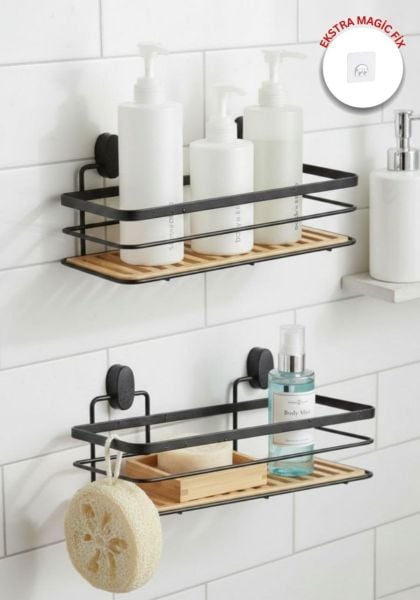 Okyanus Home Eko Magic Yapıştır&Vidala Due  2 ADET  Tek Katlı Dikdörtgen Lamalı Maxi Şampuanlık  13 X 30 cm / Siyah