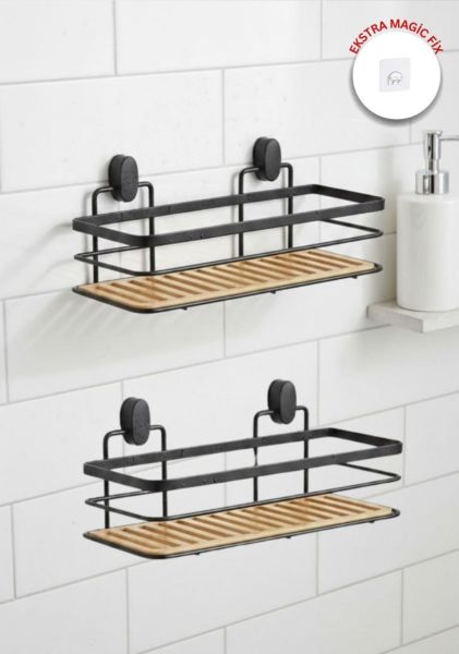 Okyanus Home Eko Magic Yapıştır&Vidala Due  2 ADET  Tek Katlı Dikdörtgen Lamalı Maxi Şampuanlık  13 X 30 cm / Siyah