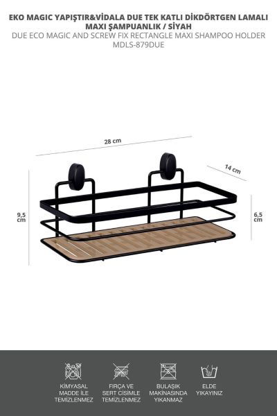 Okyanus Home Eko Magic Yapıştır&Vidala Due  2 ADET  Tek Katlı Dikdörtgen Lamalı Maxi Şampuanlık  13 X 30 cm / Siyah