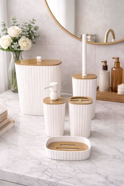 Okyanus Home Yapışkanlı Due Safir Beyaz 5'li Banyo Seti