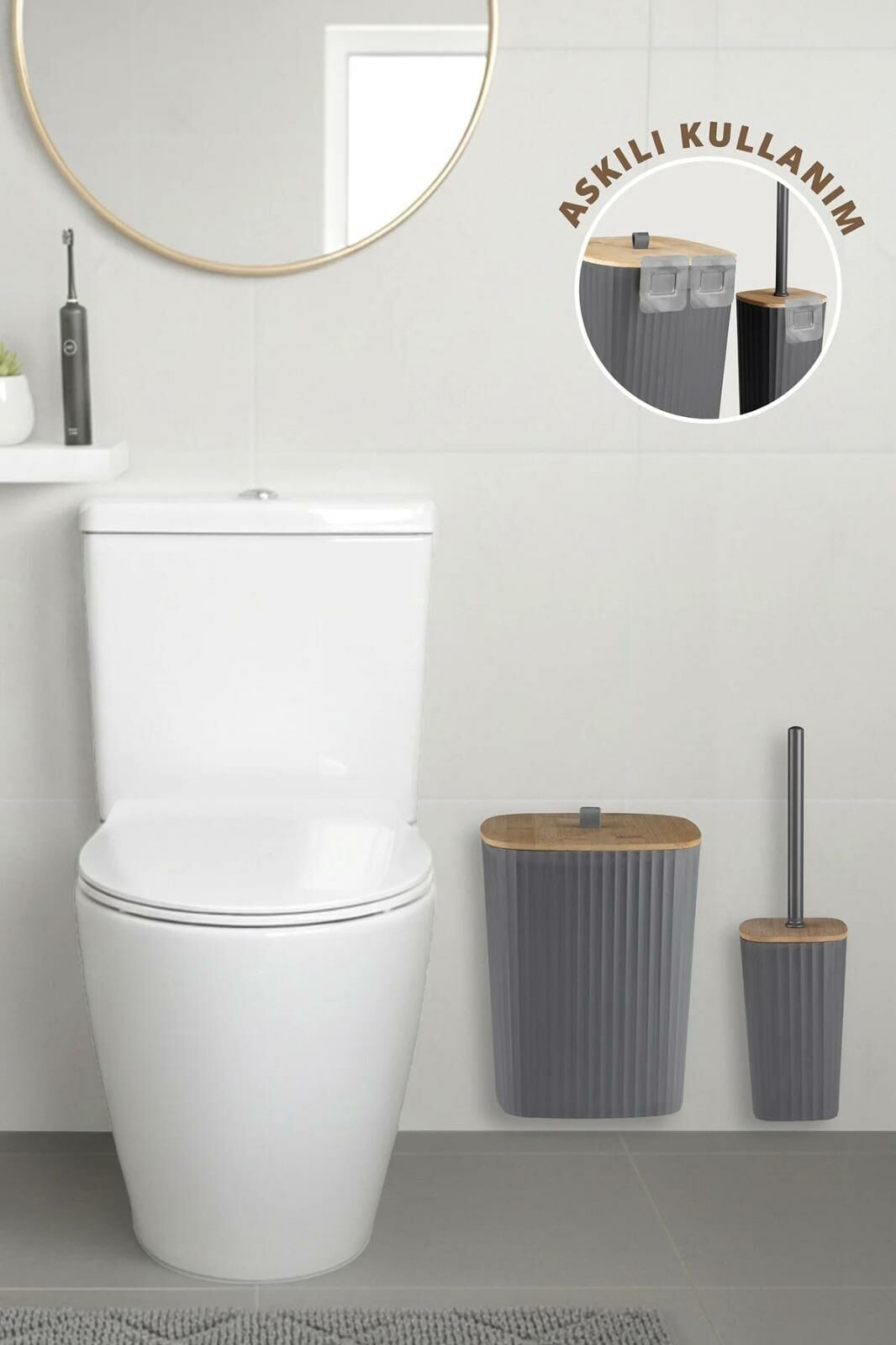 Okyanus Home Safir Yapışkanlı Gerçek Bambu Wc Fırçalık ve Çöp Kovası Seti Antrasit 2'li Banyo Seti