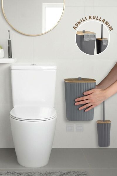 Okyanus Home Safir Yapışkanlı Gerçek Bambu Wc Fırçalık ve Çöp Kovası Seti Antrasit 2'li Banyo Seti