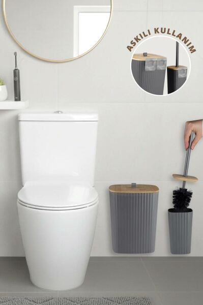 Okyanus Home Safir Yapışkanlı Gerçek Bambu Wc Fırçalık ve Çöp Kovası Seti Antrasit 2'li Banyo Seti