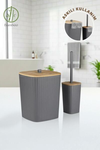 Okyanus Home Safir Yapışkanlı Gerçek Bambu Wc Fırçalık ve Çöp Kovası Seti Antrasit 2'li Banyo Seti