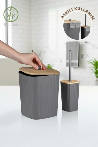 Okyanus Home Safir Yapışkanlı Gerçek Bambu Wc Fırçalık ve Çöp Kovası Seti Antrasit 2'li Banyo Seti