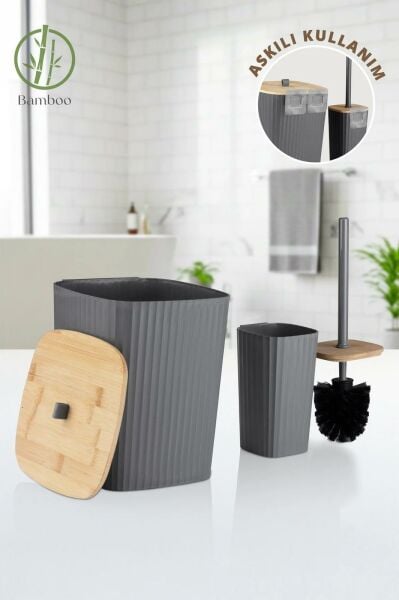 Okyanus Home Safir Yapışkanlı Gerçek Bambu Wc Fırçalık ve Çöp Kovası Seti Antrasit 2'li Banyo Seti
