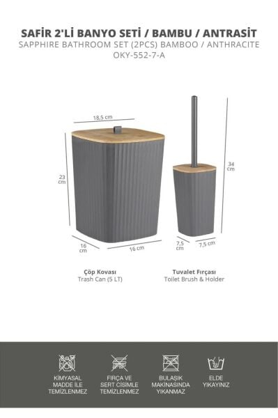 Okyanus Home Safir Yapışkanlı Gerçek Bambu Wc Fırçalık ve Çöp Kovası Seti Antrasit 2'li Banyo Seti