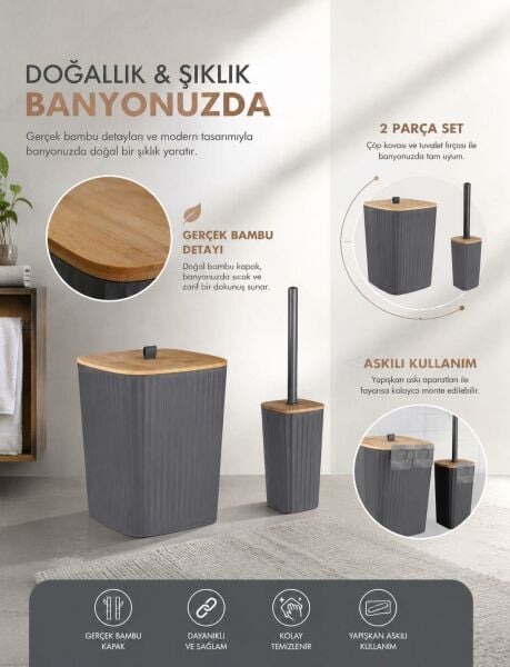 Okyanus Home Safir Yapışkanlı Gerçek Bambu Wc Fırçalık ve Çöp Kovası Seti Antrasit 2'li Banyo Seti