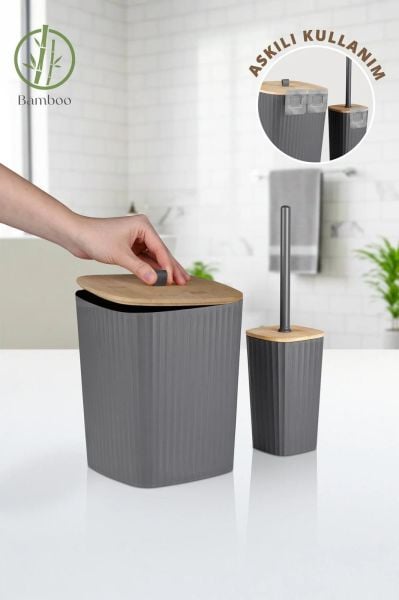 Okyanus Home Safir Yapışkanlı Gerçek Bambu Wc Fırçalık ve Çöp Kovası Seti Antrasit 2'li Banyo Seti