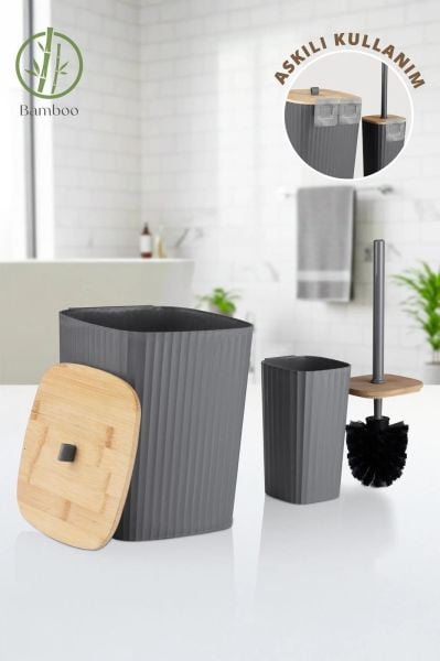 Okyanus Home Safir Yapışkanlı Gerçek Bambu Wc Fırçalık ve Çöp Kovası Seti Antrasit 2'li Banyo Seti