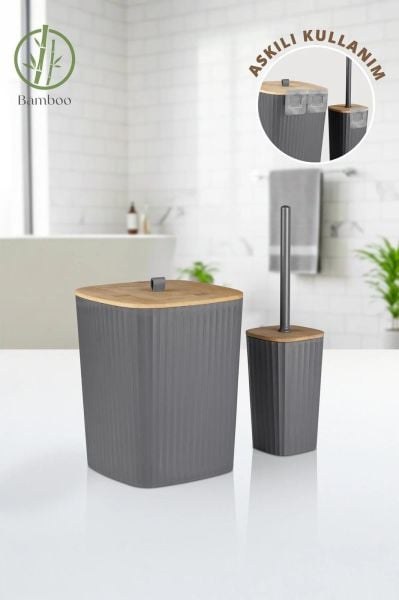 Okyanus Home Safir Yapışkanlı Gerçek Bambu Wc Fırçalık ve Çöp Kovası Seti Antrasit 2'li Banyo Seti