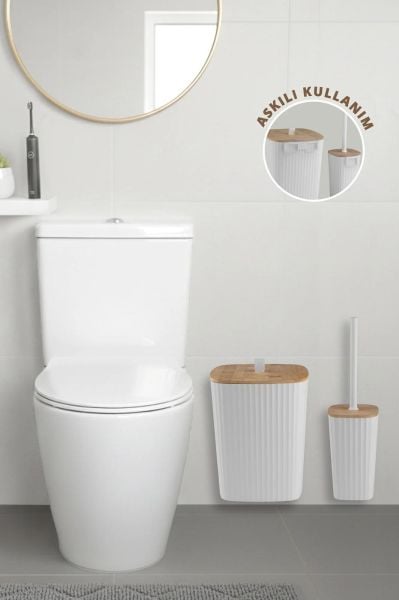 Okyanus Home Safir Yapışkanlı Gerçek Bambu Wc Fırçalık ve Çöp Kovası Seti Beyaz 2'li Banyo Seti