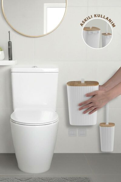 Okyanus Home Safir Yapışkanlı Gerçek Bambu Wc Fırçalık ve Çöp Kovası Seti Beyaz 2'li Banyo Seti