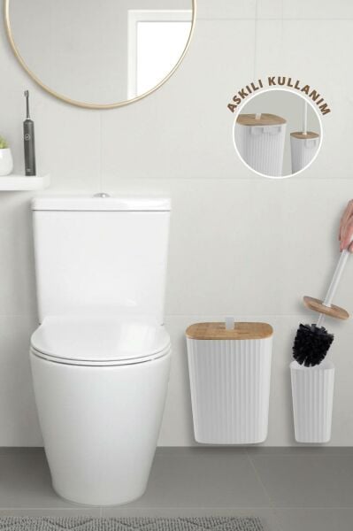 Okyanus Home Safir Yapışkanlı Gerçek Bambu Wc Fırçalık ve Çöp Kovası Seti Beyaz 2'li Banyo Seti