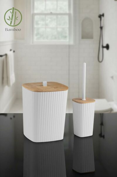Okyanus Home Safir Yapışkanlı Gerçek Bambu Wc Fırçalık ve Çöp Kovası Seti Beyaz 2'li Banyo Seti