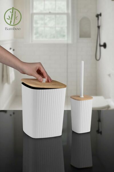 Okyanus Home Safir Yapışkanlı Gerçek Bambu Wc Fırçalık ve Çöp Kovası Seti Beyaz 2'li Banyo Seti