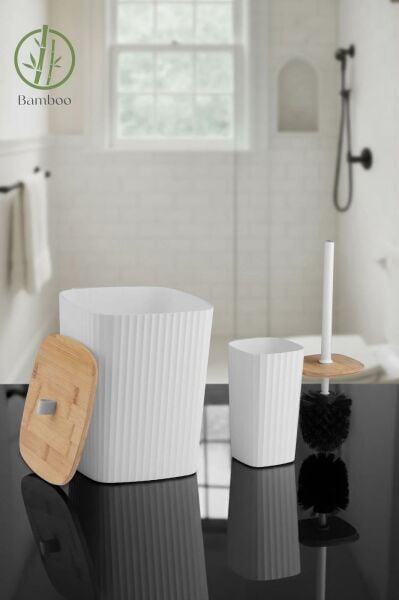 Okyanus Home Safir Yapışkanlı Gerçek Bambu Wc Fırçalık ve Çöp Kovası Seti Beyaz 2'li Banyo Seti