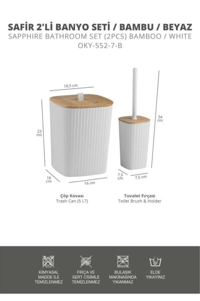 Okyanus Home Safir Yapışkanlı Gerçek Bambu Wc Fırçalık ve Çöp Kovası Seti Beyaz 2'li Banyo Seti