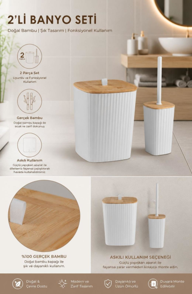 Okyanus Home Safir Yapışkanlı Gerçek Bambu Wc Fırçalık ve Çöp Kovası Seti Beyaz 2'li Banyo Seti