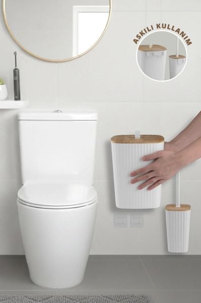 Okyanus Home Safir Yapışkanlı Gerçek Bambu Wc Fırçalık ve Çöp Kovası Seti Beyaz 2'li Banyo Seti