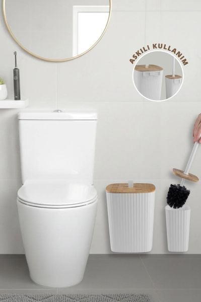 Okyanus Home Safir Yapışkanlı Gerçek Bambu Wc Fırçalık ve Çöp Kovası Seti Beyaz 2'li Banyo Seti