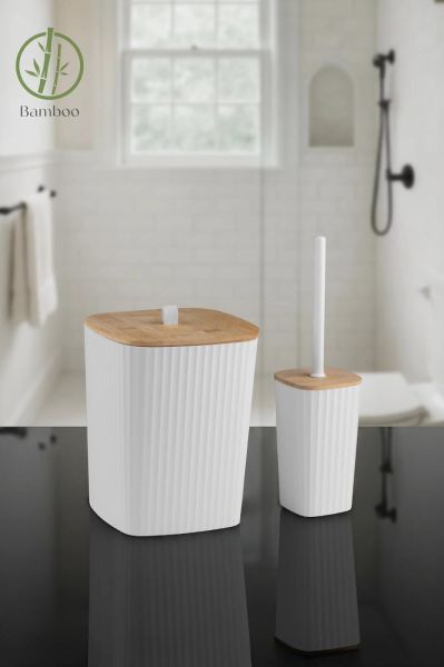 Okyanus Home Safir Yapışkanlı Gerçek Bambu Wc Fırçalık ve Çöp Kovası Seti Beyaz 2'li Banyo Seti