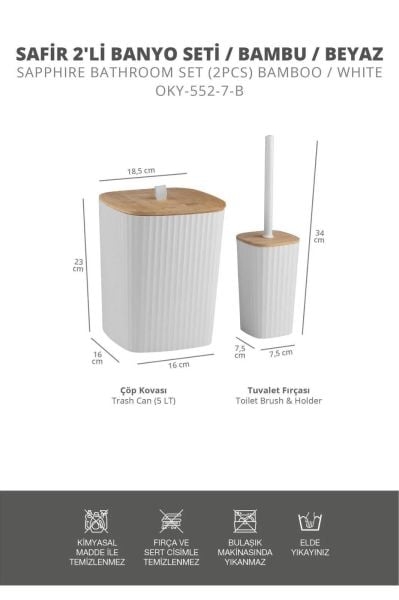 Okyanus Home Safir Yapışkanlı Gerçek Bambu Wc Fırçalık ve Çöp Kovası Seti Beyaz 2'li Banyo Seti