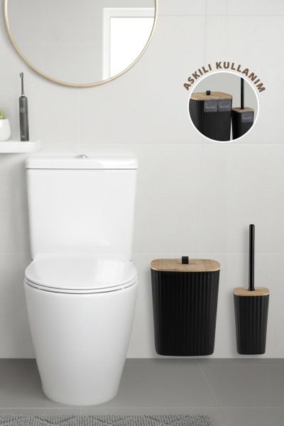 Okyanus Home Safir Yapışkanlı Gerçek Bambu Wc Fırçalık ve Çöp Kovası Seti Siyah 2'li Banyo Seti