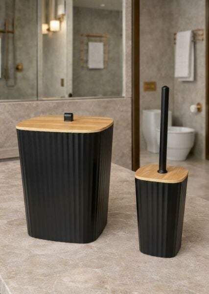 Okyanus Home Safir Yapışkanlı Gerçek Bambu Wc Fırçalık ve Çöp Kovası Seti Siyah 2'li Banyo Seti