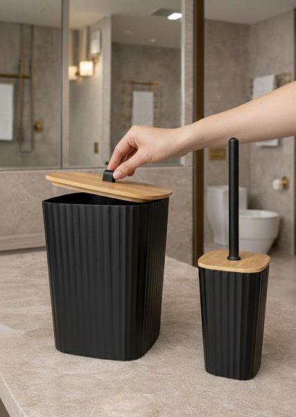 Okyanus Home Safir Yapışkanlı Gerçek Bambu Wc Fırçalık ve Çöp Kovası Seti Siyah 2'li Banyo Seti