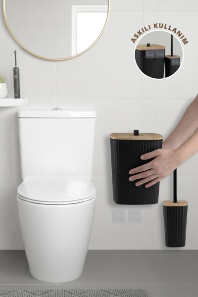 Okyanus Home Safir Yapışkanlı Gerçek Bambu Wc Fırçalık ve Çöp Kovası Seti Siyah 2'li Banyo Seti