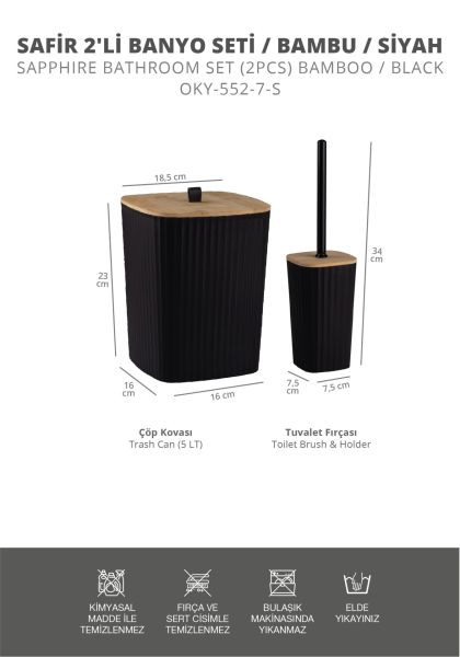 Okyanus Home Safir Yapışkanlı Gerçek Bambu Wc Fırçalık ve Çöp Kovası Seti Siyah 2'li Banyo Seti