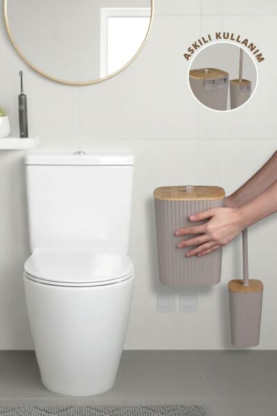Okyanus Home Safir Yapışkanlı Gerçek Bambu Wc Fırçalık ve Çöp Kovası Seti Vizon 2'li Banyo Seti