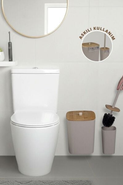 Okyanus Home Safir Yapışkanlı Gerçek Bambu Wc Fırçalık ve Çöp Kovası Seti Vizon 2'li Banyo Seti