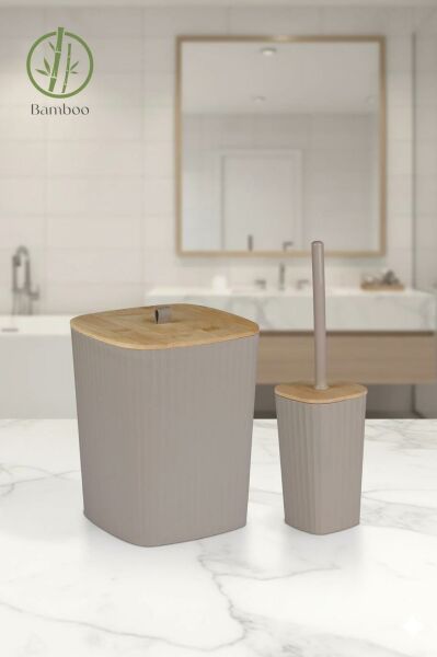 Okyanus Home Safir Yapışkanlı Gerçek Bambu Wc Fırçalık ve Çöp Kovası Seti Vizon 2'li Banyo Seti