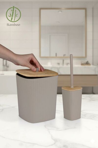 Okyanus Home Safir Yapışkanlı Gerçek Bambu Wc Fırçalık ve Çöp Kovası Seti Vizon 2'li Banyo Seti