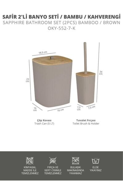 Okyanus Home Safir Yapışkanlı Gerçek Bambu Wc Fırçalık ve Çöp Kovası Seti Vizon 2'li Banyo Seti