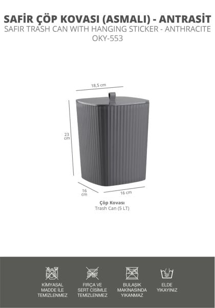 Okyanus Home Safir Yapışkanlı Asılabilir Çöp Kovası Antrasit