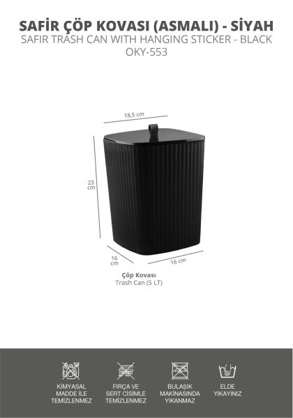 Okyanus Home Safir Yapışkanlı Asılabilir Çöp Kovası Siyah