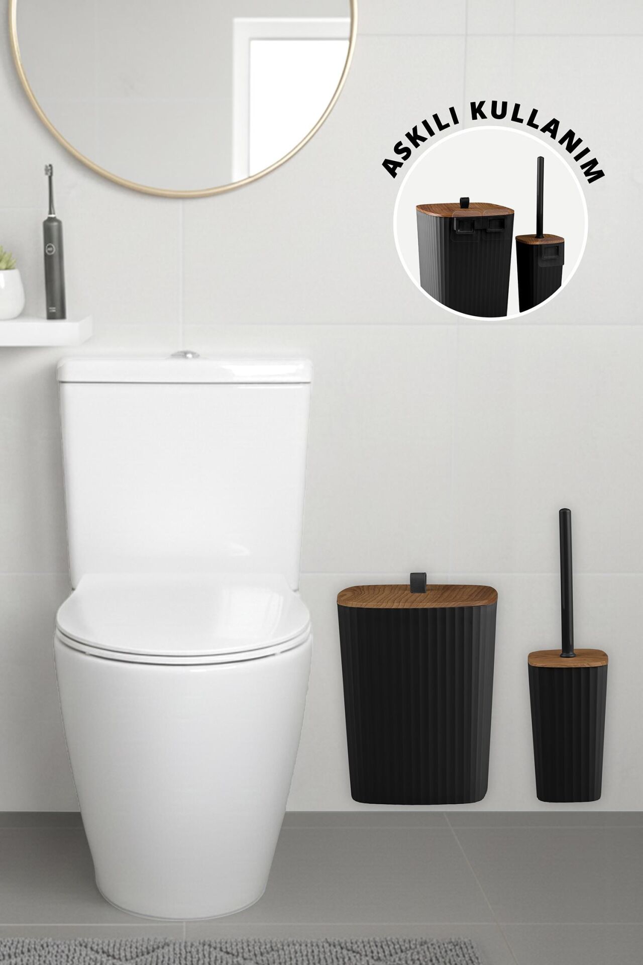 Okyanus Home Safir Yapışkanlı Ahşap Detaylı Wc Fırçalık ve Çöp Kovası Seti Siyah 2'li Banyo Seti
