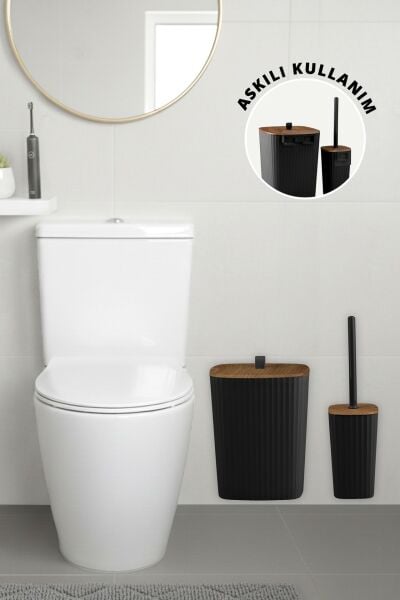 Okyanus Home Safir Yapışkanlı Ahşap Detaylı Wc Fırçalık ve Çöp Kovası Seti Siyah 2'li Banyo Seti