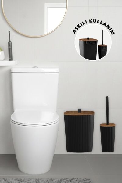Okyanus Home Safir Yapışkanlı Ahşap Detaylı Wc Fırçalık ve Çöp Kovası Seti Siyah 2'li Banyo Seti