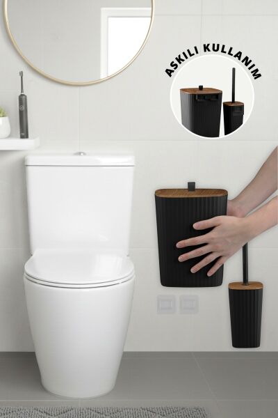 Okyanus Home Safir Yapışkanlı Ahşap Detaylı Wc Fırçalık ve Çöp Kovası Seti Siyah 2'li Banyo Seti