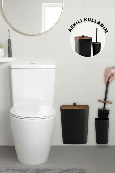 Okyanus Home Safir Yapışkanlı Ahşap Detaylı Wc Fırçalık ve Çöp Kovası Seti Siyah 2'li Banyo Seti