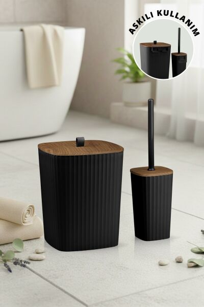 Okyanus Home Safir Yapışkanlı Ahşap Detaylı Wc Fırçalık ve Çöp Kovası Seti Siyah 2'li Banyo Seti