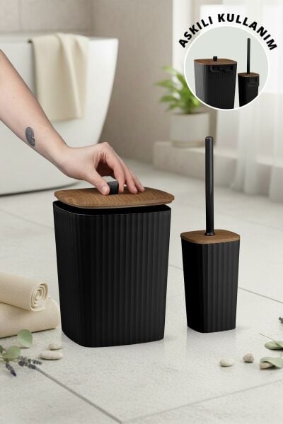 Okyanus Home Safir Yapışkanlı Ahşap Detaylı Wc Fırçalık ve Çöp Kovası Seti Siyah 2'li Banyo Seti