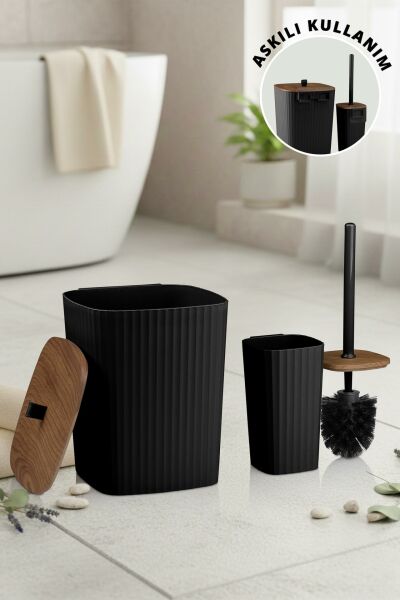 Okyanus Home Safir Yapışkanlı Ahşap Detaylı Wc Fırçalık ve Çöp Kovası Seti Siyah 2'li Banyo Seti