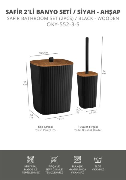 Okyanus Home Safir Yapışkanlı Ahşap Detaylı Wc Fırçalık ve Çöp Kovası Seti Siyah 2'li Banyo Seti